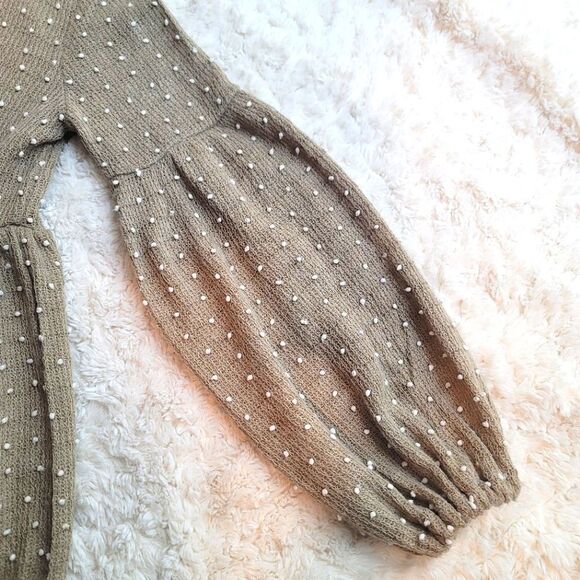 New In - "Mocha Swiss Dot" Puff Sleeved Polkadot Textured Textured Knit Dress - Picture 5 of 8